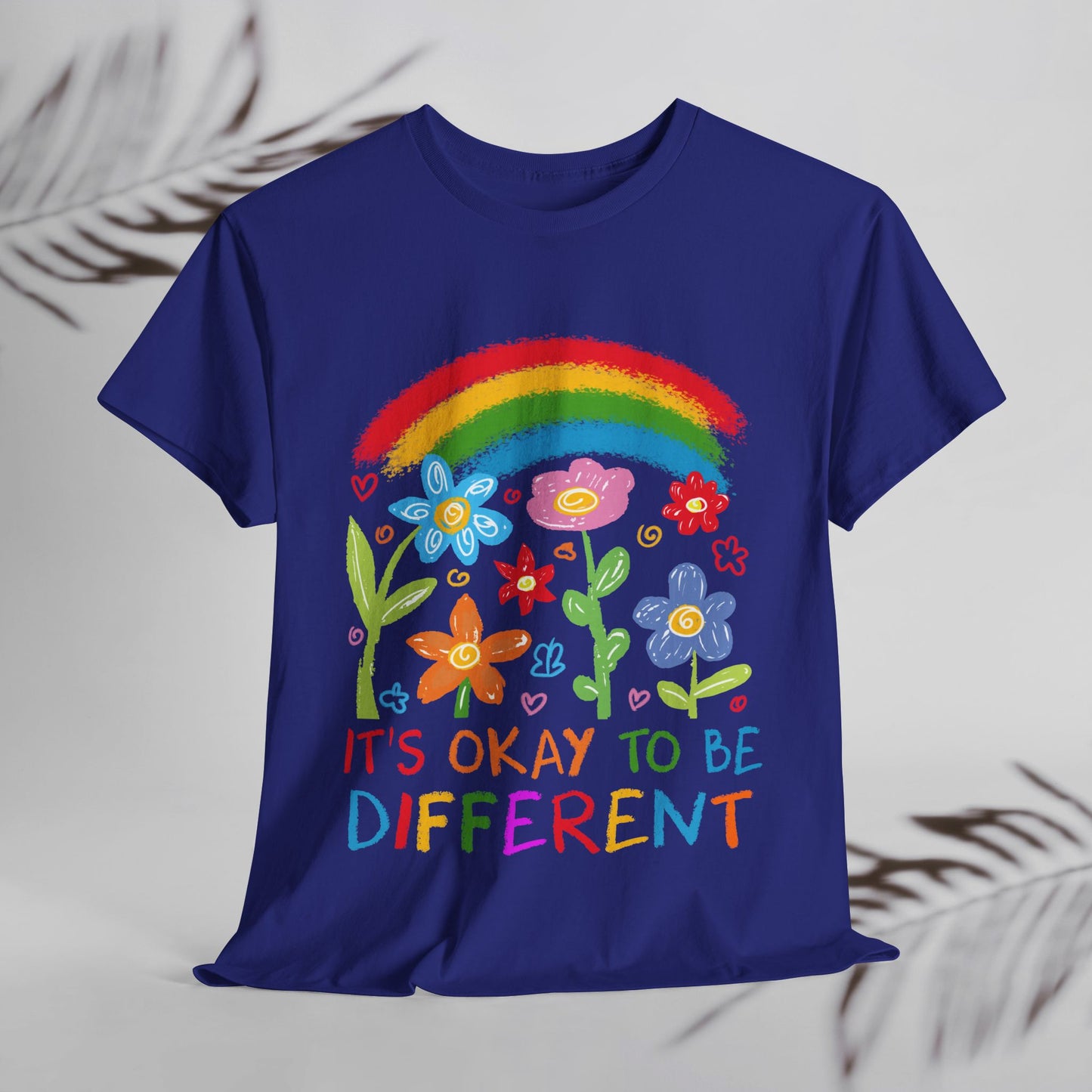 Unisex Heavy Cotton Tee - "It's Okay to Be Different" Rainbow Floral Design - Celebrate Individuality