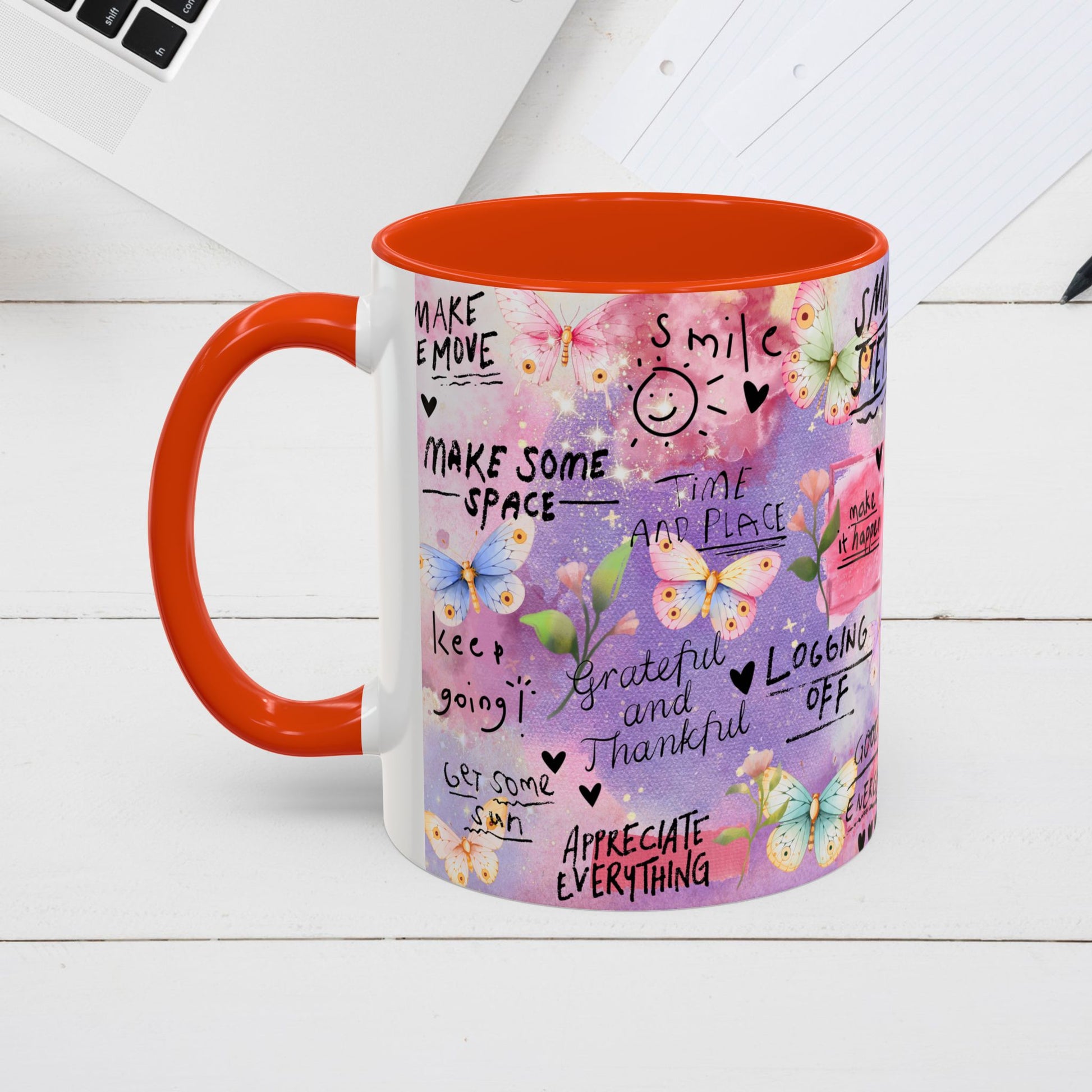 Inspirational Grateful and Thankful Butterfly Mug - Colorful 11oz & 15oz Coffee Cup with Motivational Quotes - GULLYDESIGN