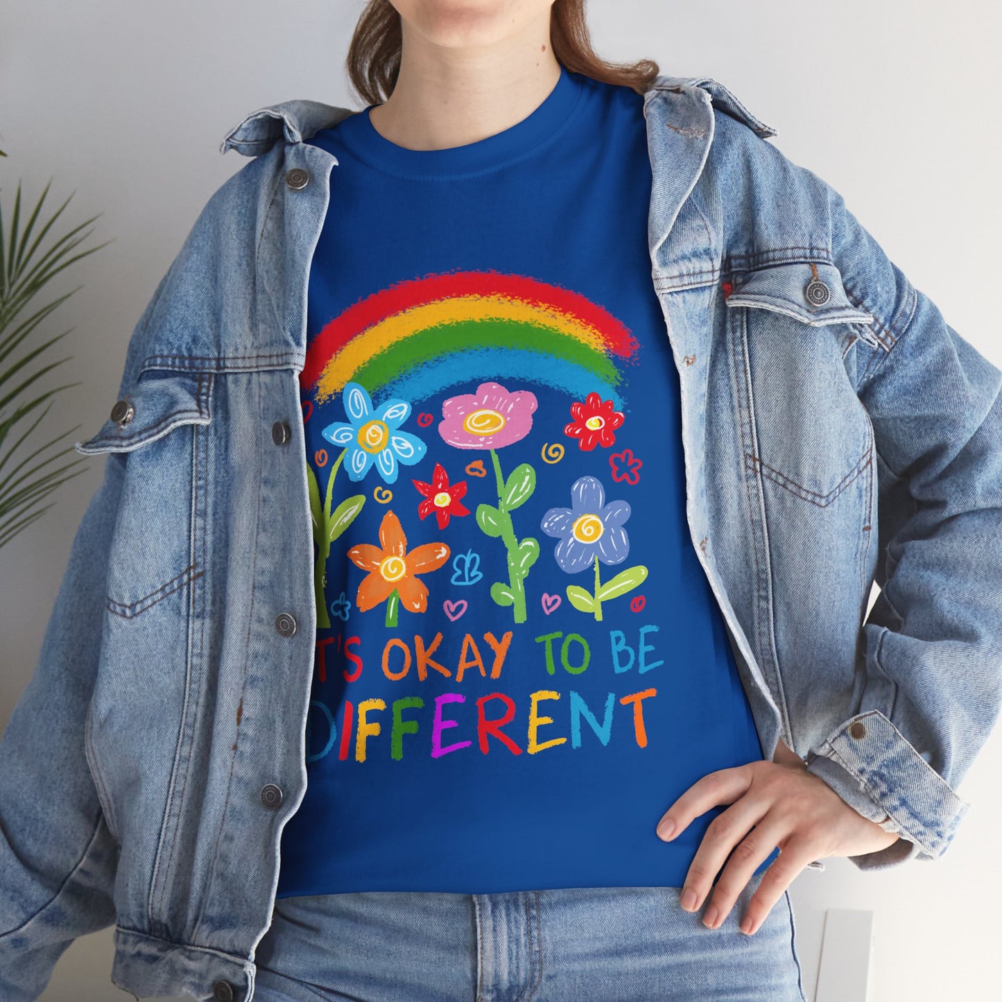 Unisex Heavy Cotton Tee - "It's Okay to Be Different" Rainbow Floral Design - Celebrate Individuality