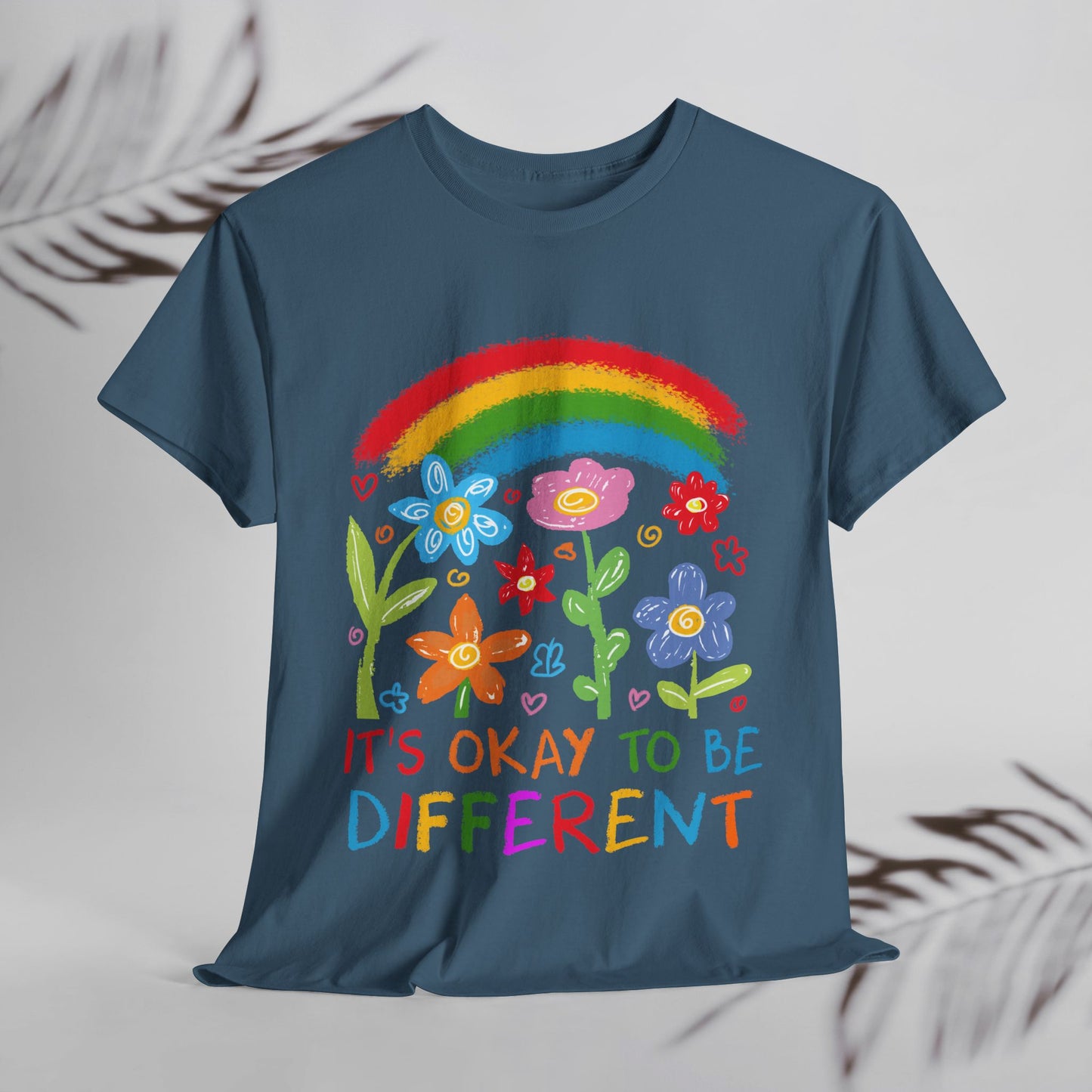 Unisex Heavy Cotton Tee - "It's Okay to Be Different" Rainbow Floral Design - Celebrate Individuality