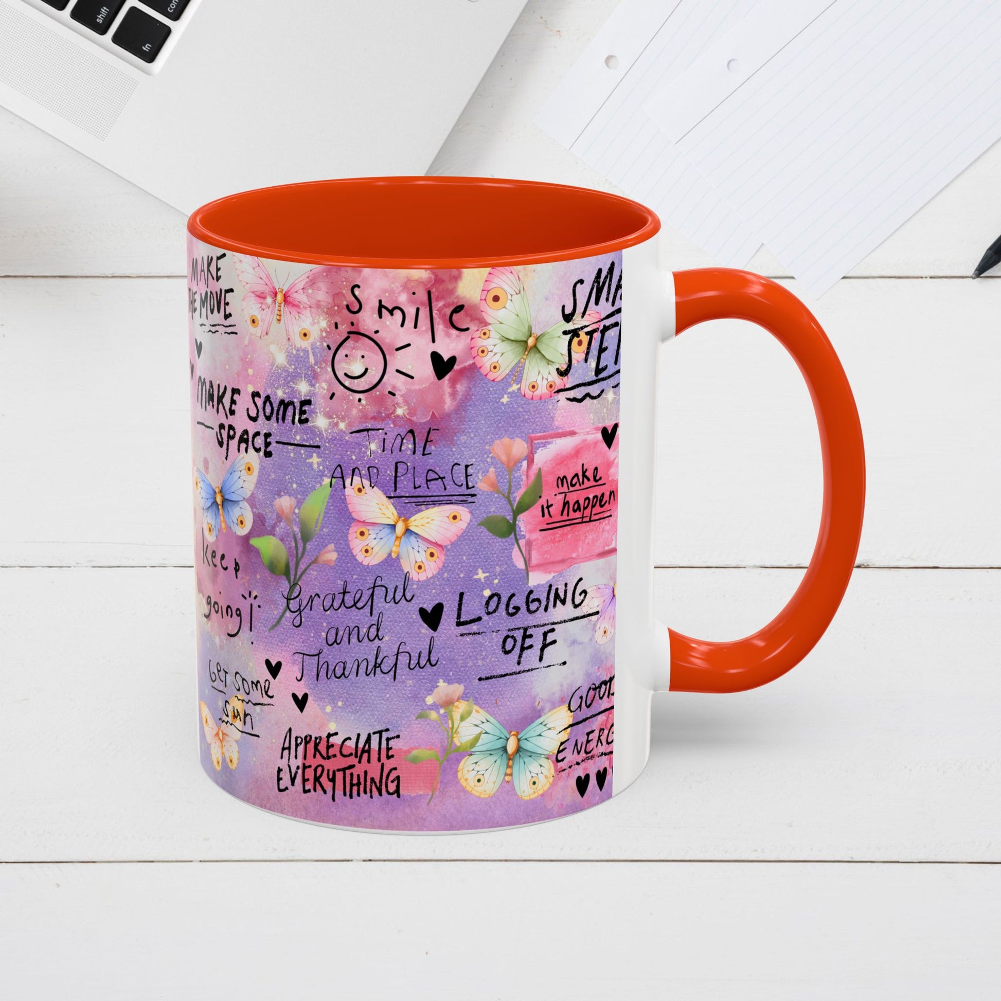 Inspirational Grateful and Thankful Butterfly Mug - Colorful 11oz & 15oz Coffee Cup with Motivational Quotes - GULLYDESIGN