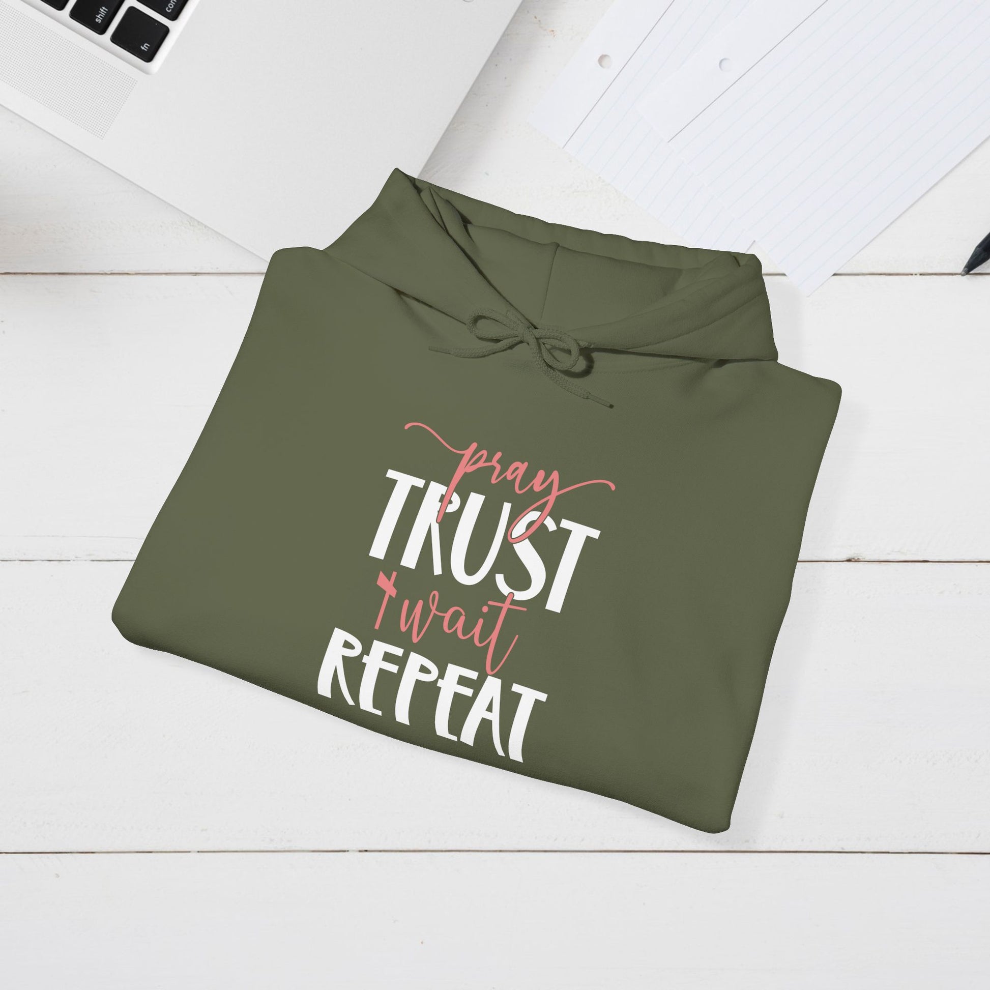Inspirational Hooded Sweatshirt - "Pray, Trust, Wait, Repeat" - GULLYDESIGN
