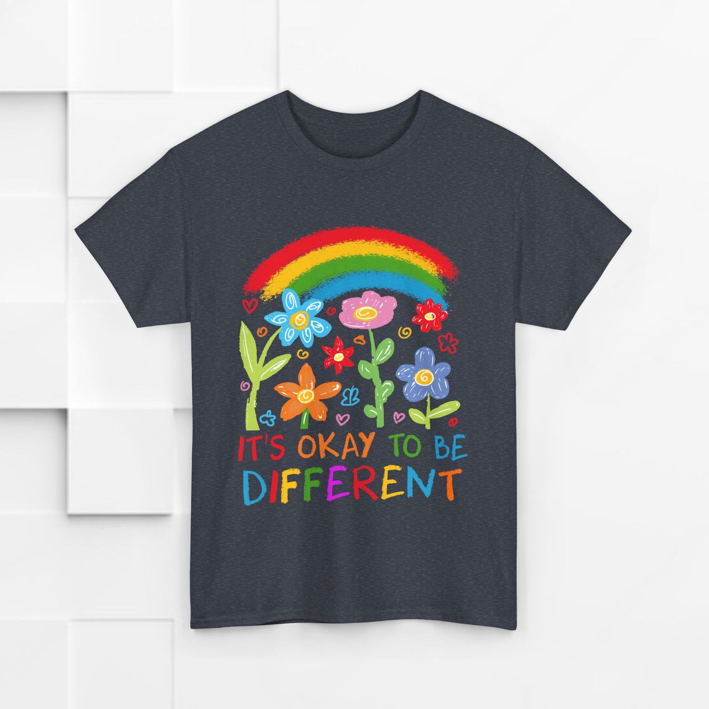 Unisex Heavy Cotton Tee - "It's Okay to Be Different" Rainbow Floral Design - Celebrate Individuality