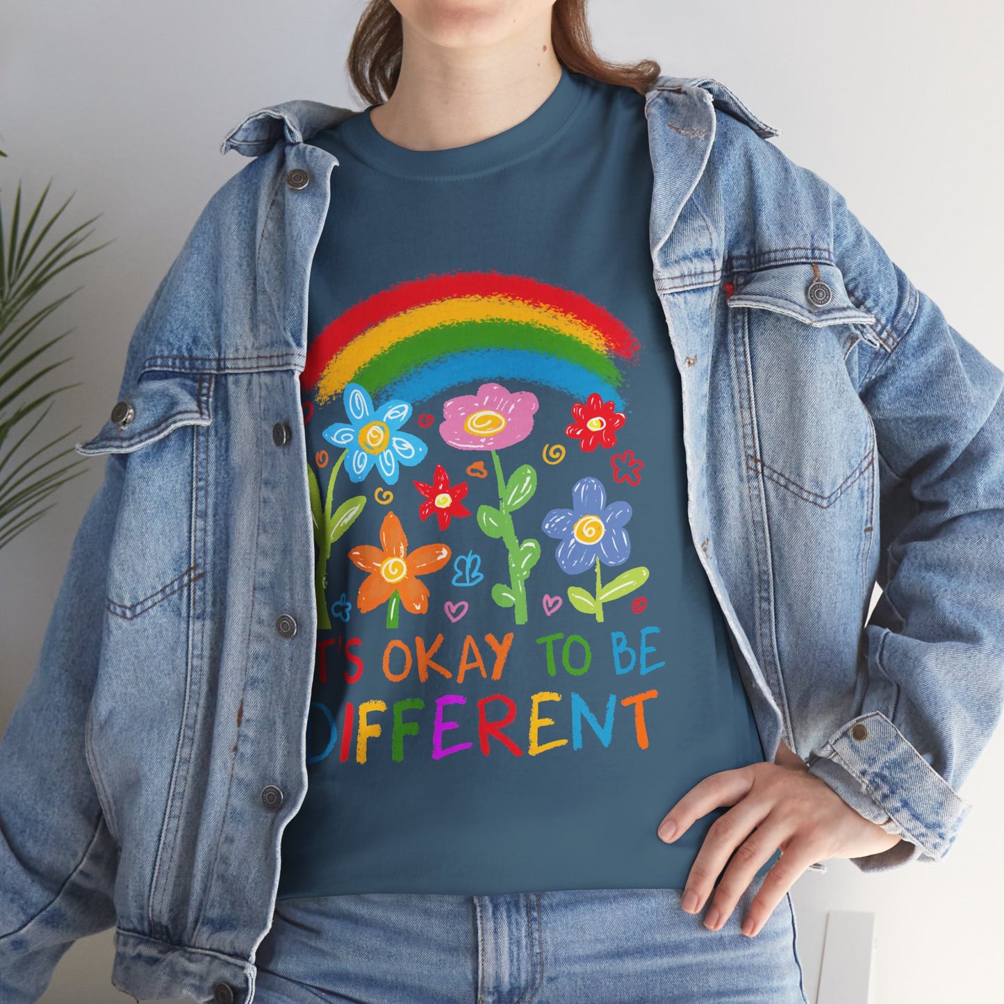 Unisex Heavy Cotton Tee - "It's Okay to Be Different" Rainbow Floral Design - Celebrate Individuality