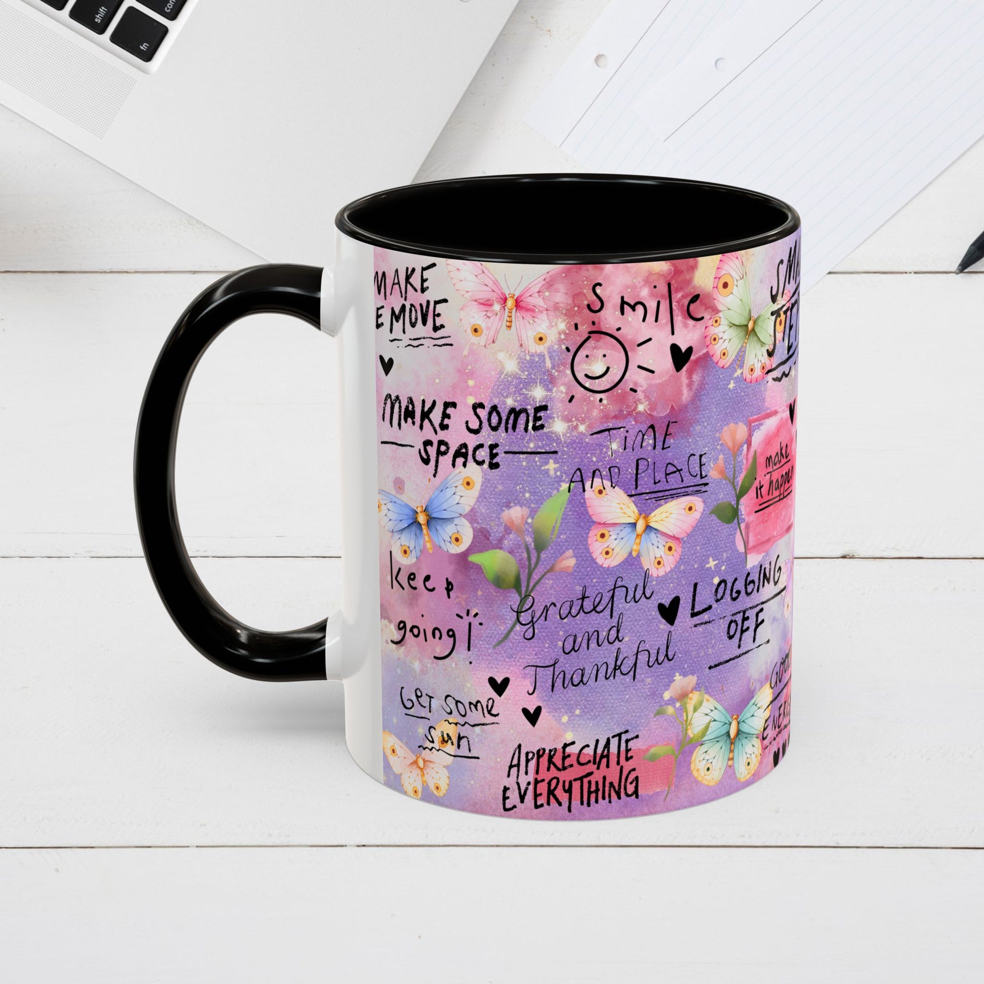 Inspirational Grateful and Thankful Butterfly Mug - Colorful 11oz & 15oz Coffee Cup with Motivational Quotes - GULLYDESIGN