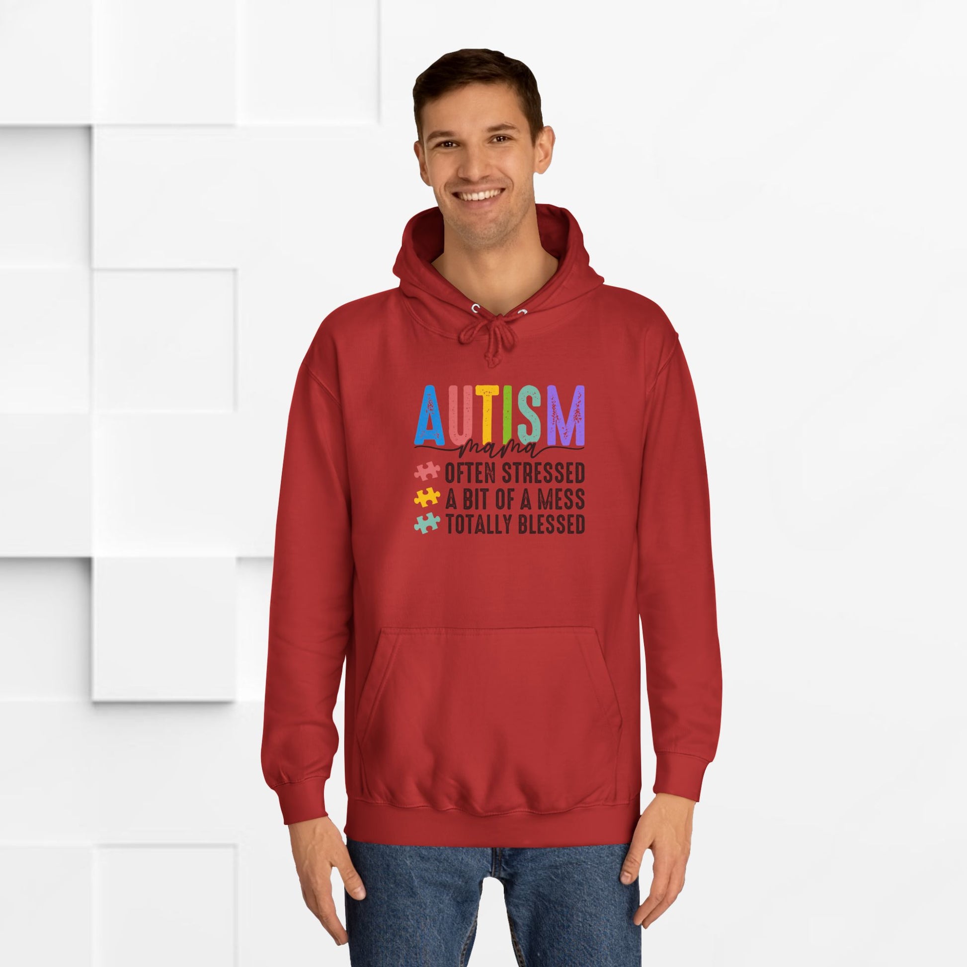 Unisex College Hoodie - Autism Awareness "Often Stressed, A Bit of a Mess, Totally Blessed" - GULLYDESIGN