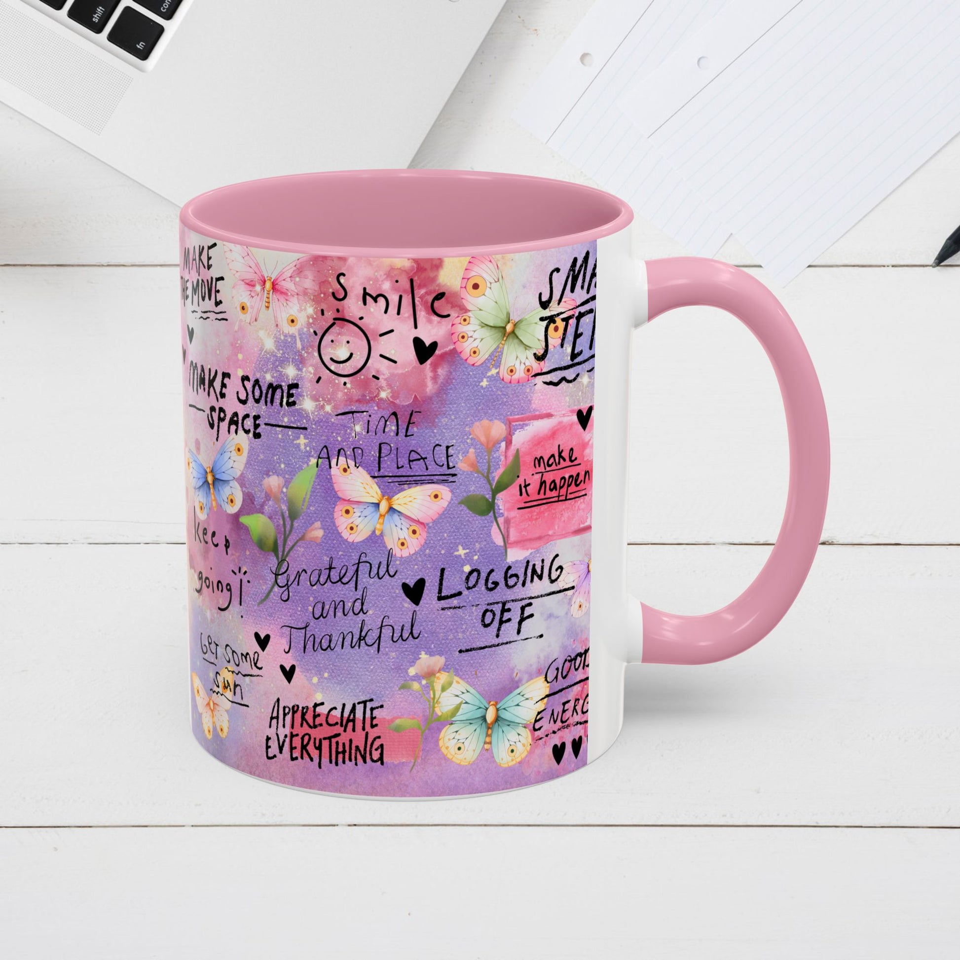 Inspirational Grateful and Thankful Butterfly Mug - Colorful 11oz & 15oz Coffee Cup with Motivational Quotes - GULLYDESIGN