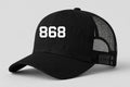 868 Trucker Hat in black with white 868 Trinidad and Tobago design