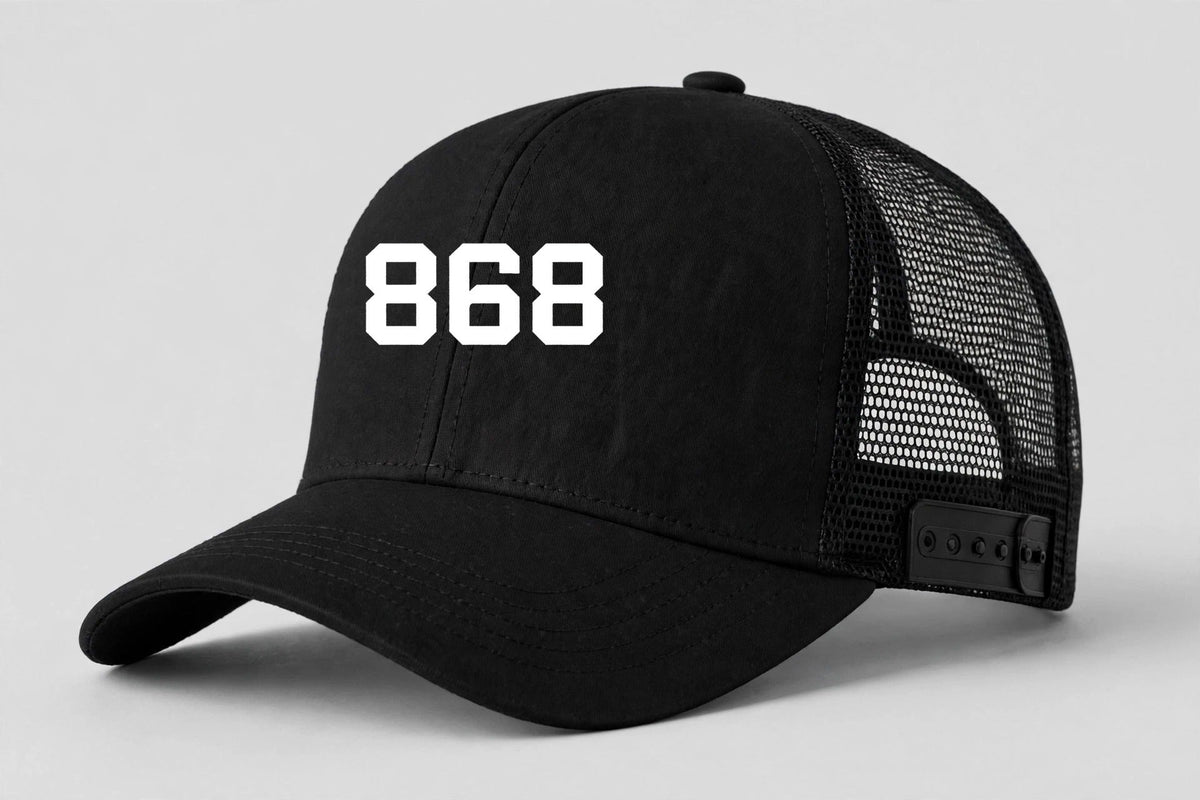 868 Trucker Hat in black with white 868 Trinidad and Tobago design