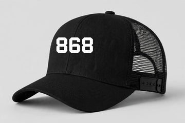 868 Trucker Hat in black with white 868 Trinidad and Tobago design
