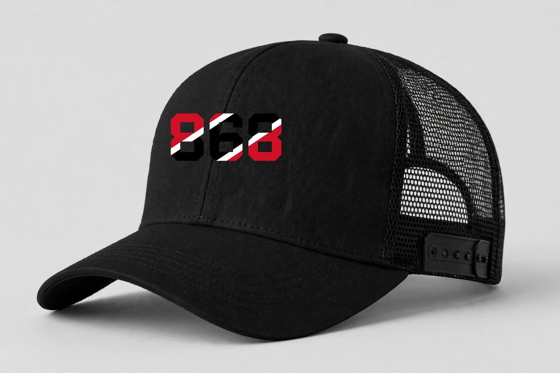 868 Trucker Hat in black with white 868 Trinidad and Tobago design