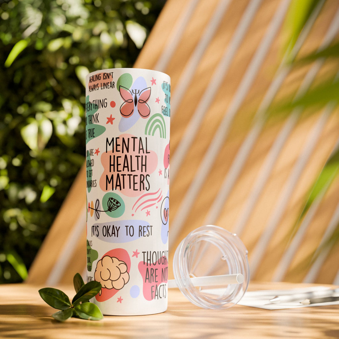 Mental Health Matters Skinny Tumbler with Straw - 20oz Inspirational Drinkware - GULLYDESIGN