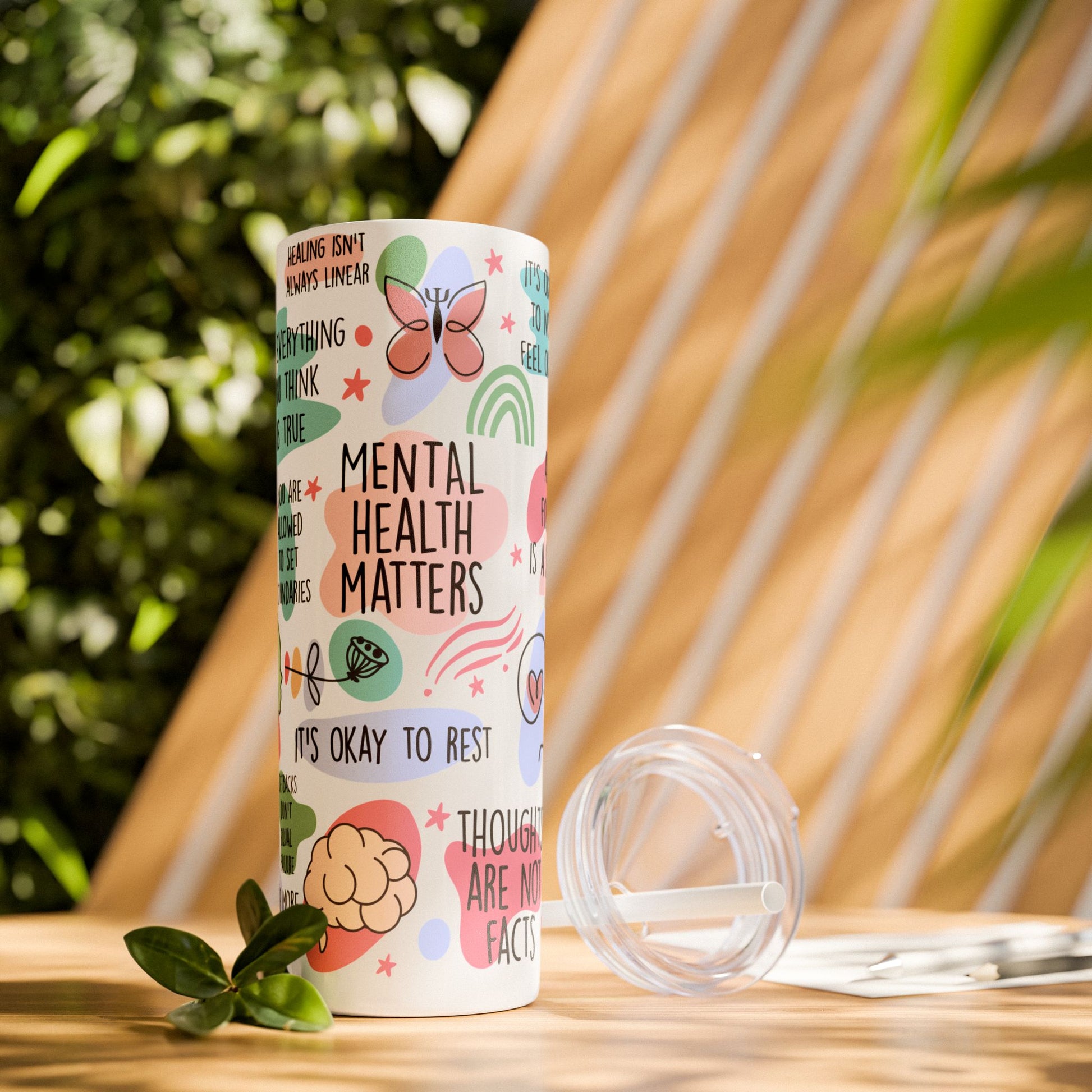 Mental Health Matters Skinny Tumbler with Straw - 20oz Inspirational Drinkware - GULLYDESIGN