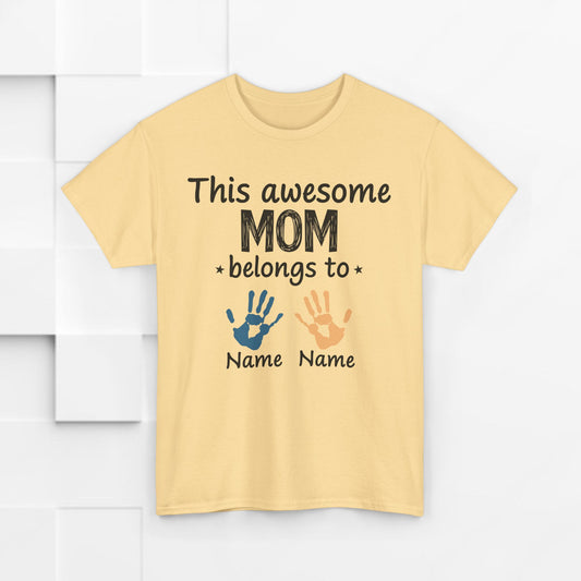 Custom "This Awesome MOM Belongs To" Unisex Heavy Cotton Tee - Perfect Gift for Mother's Day and Family Celebrations - GULLYDESIGN
