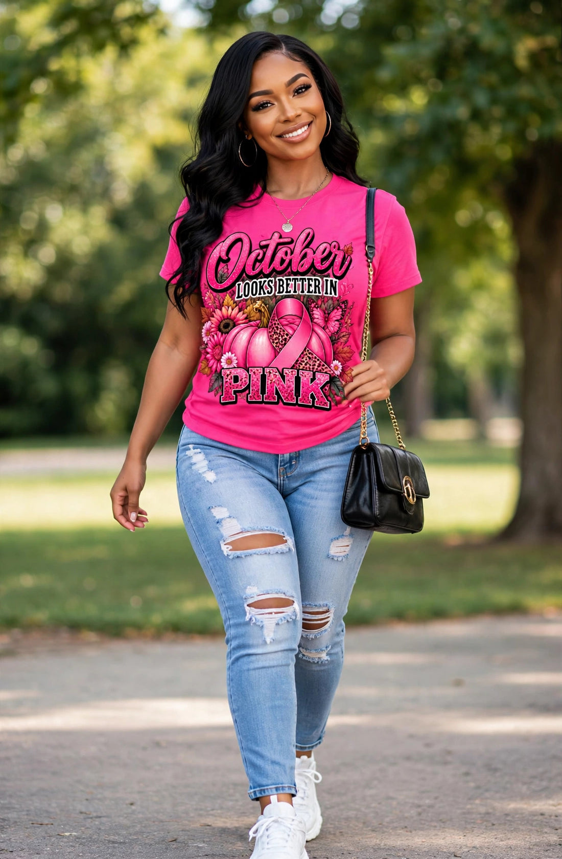 October Looks Better in Pink pink awareness tee – model outdoor shot