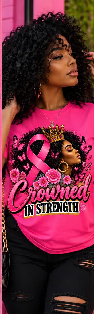 Crowned in Strength pink awareness tee – model outdoor shot