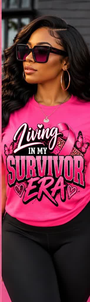 Living in My Survivor Era pink awareness tee – model outdoor shot