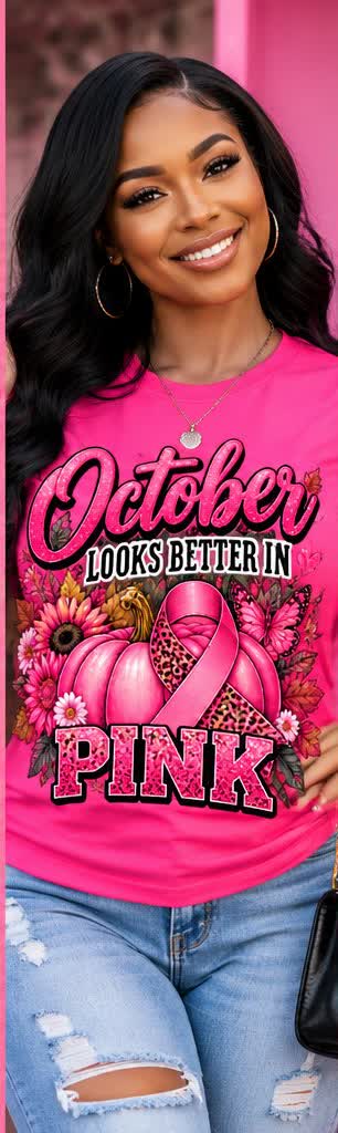 October Looks Better in Pink pink awareness tee – model outdoor shot