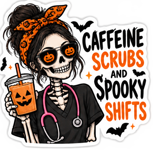 Caffeine Scrubs Spooky Shifts design concept preview; production artwork pending
