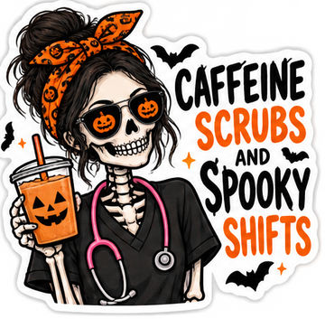 Caffeine Scrubs Spooky Shifts design concept preview; production artwork pending