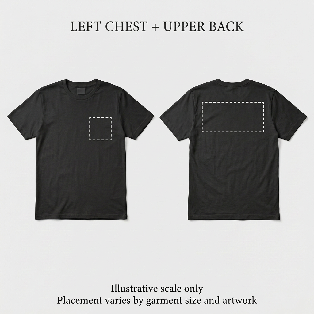 Custom T-shirt left chest and upper back print placement mockup