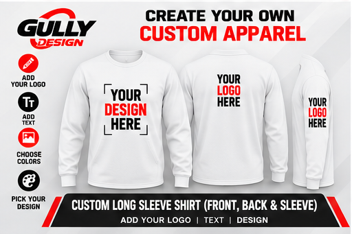 Gully Design long sleeve shirt front back and sleeve print mockup