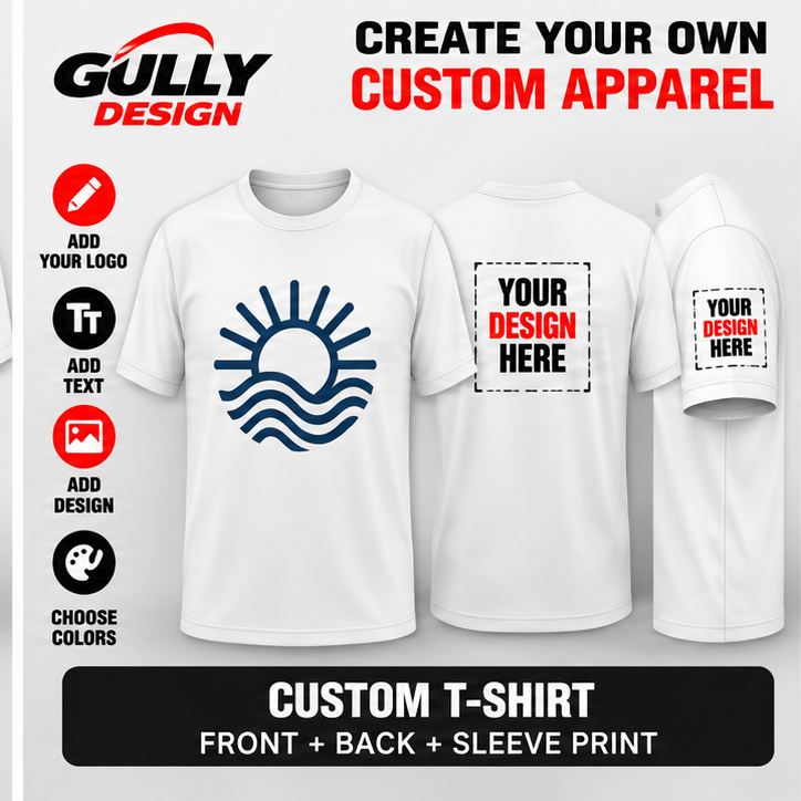 White T-shirt front back sleeve Gully Design mockup