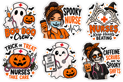 Six Halloween nurse sticker design concepts