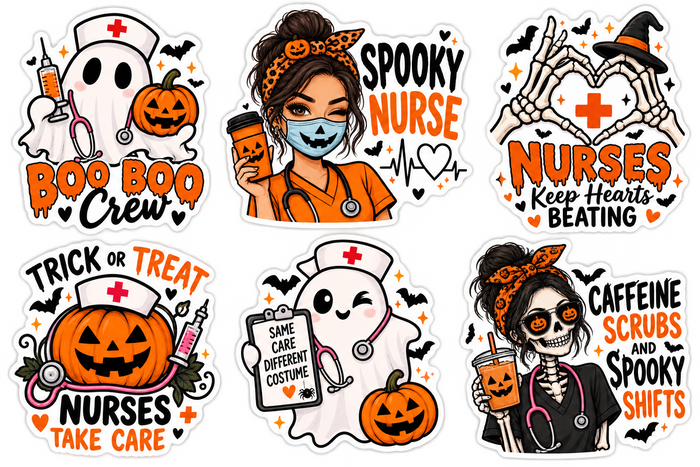 Six Halloween nurse sticker design concepts