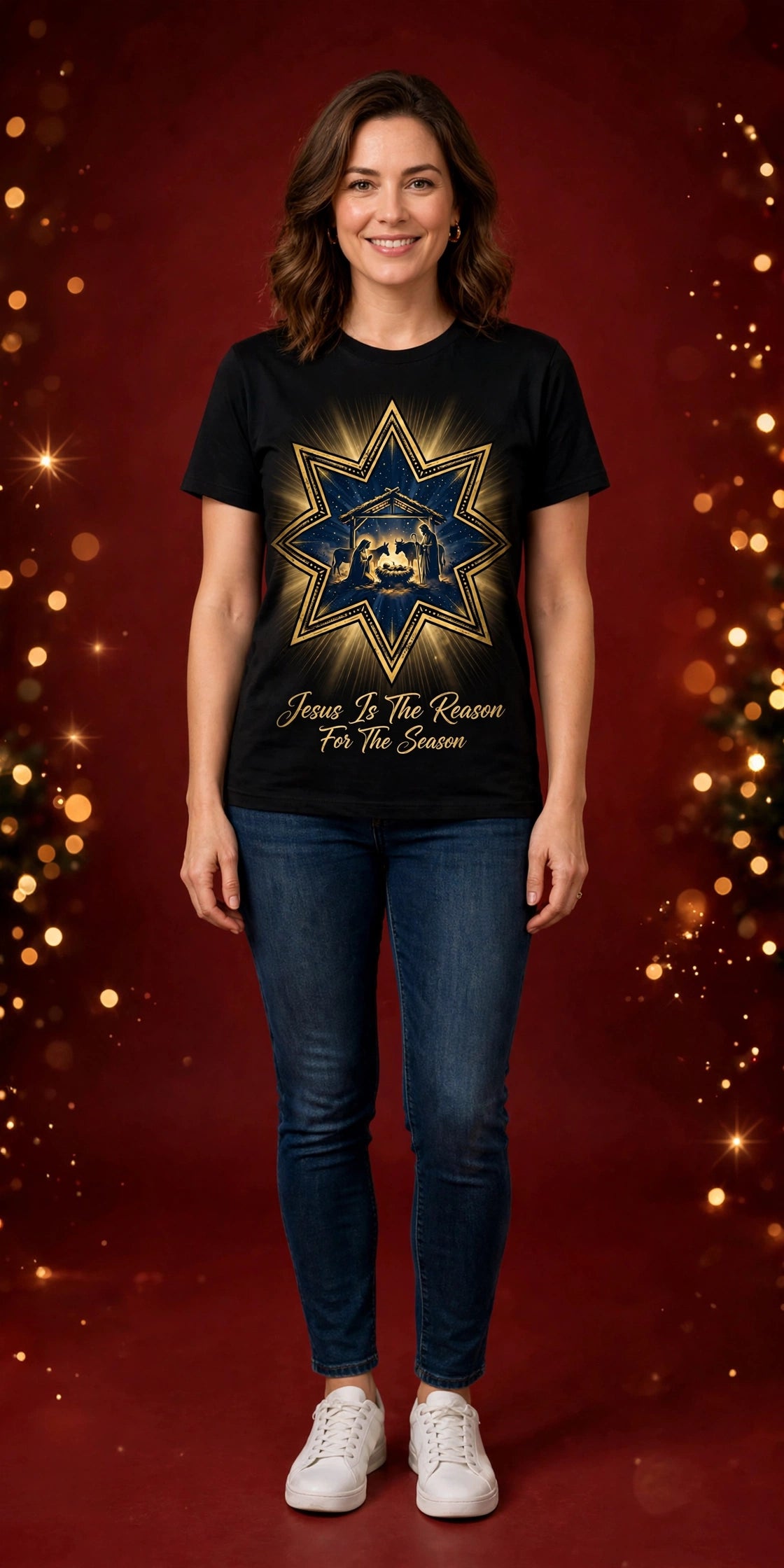 Jesus Is the Reason – Christmas Tee on model