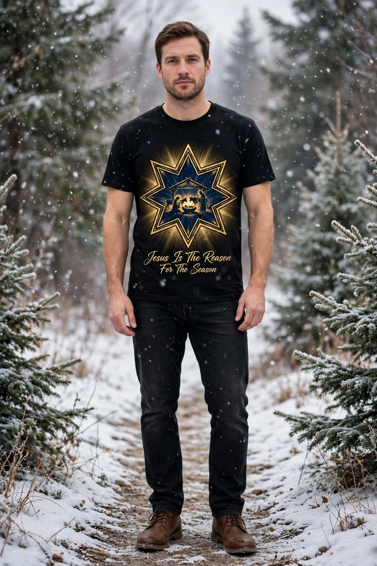 Jesus Is the Reason – Christmas Tee on model