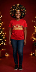 Merry Melanin Christmas Tee on model