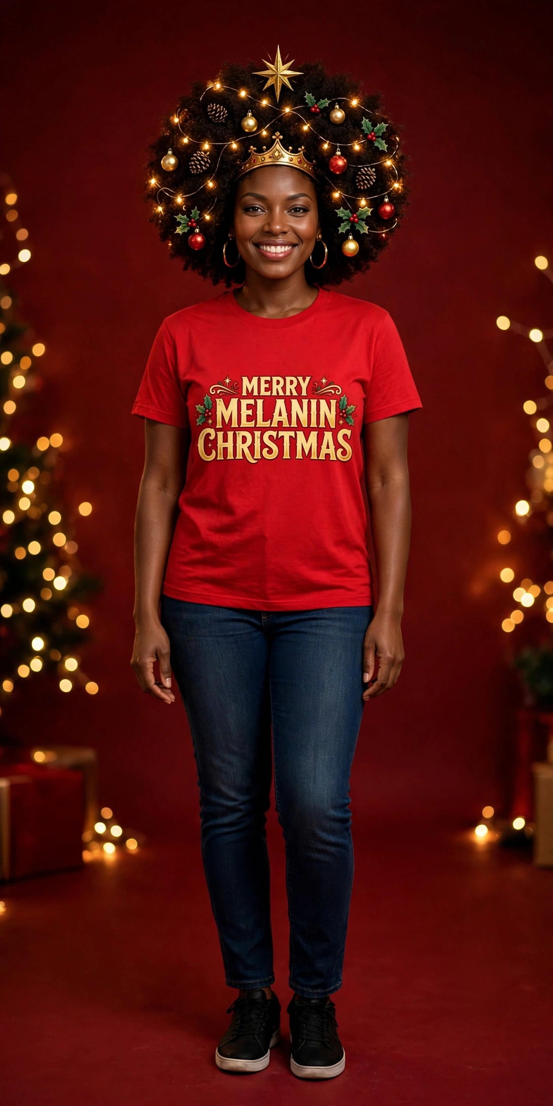 Merry Melanin Christmas Tee on model