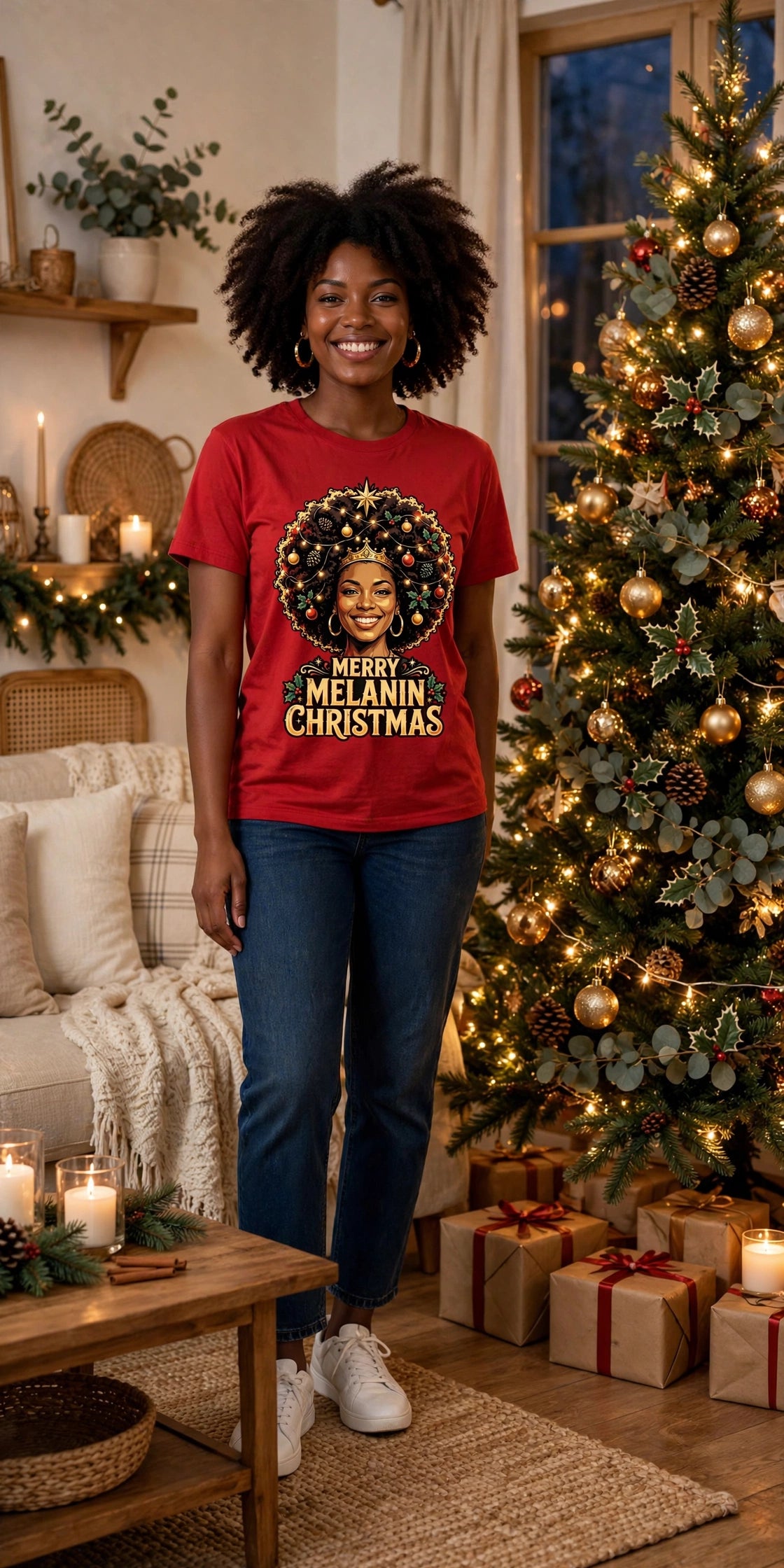 Merry Melanin Christmas Tee on model