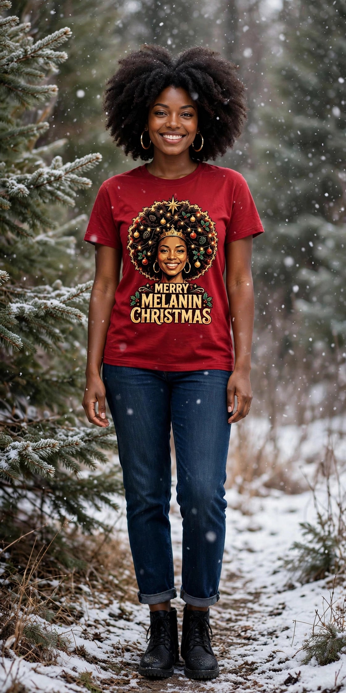 Merry Melanin Christmas Tee on model