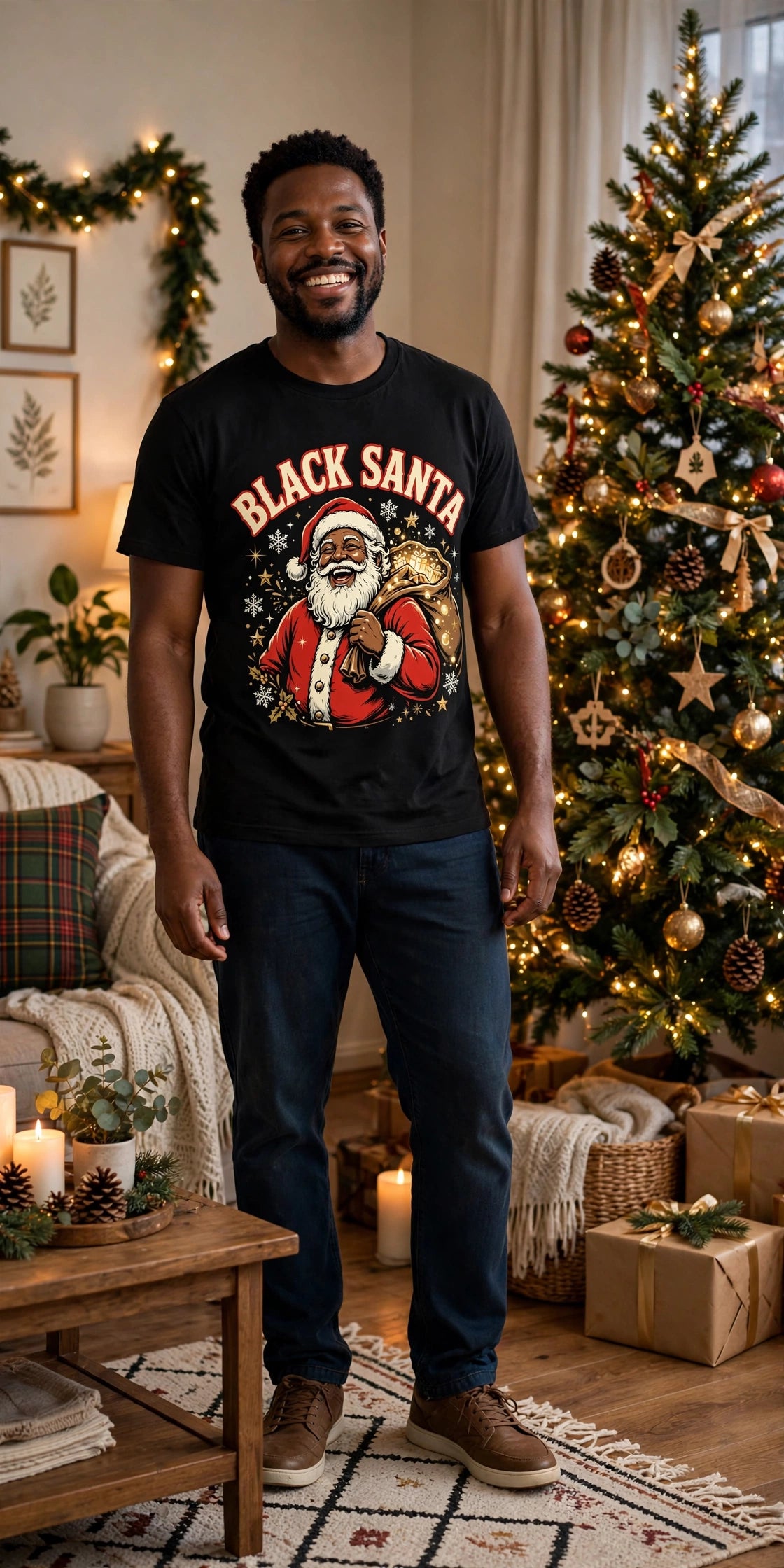 Black Santa – Christmas Tee on model