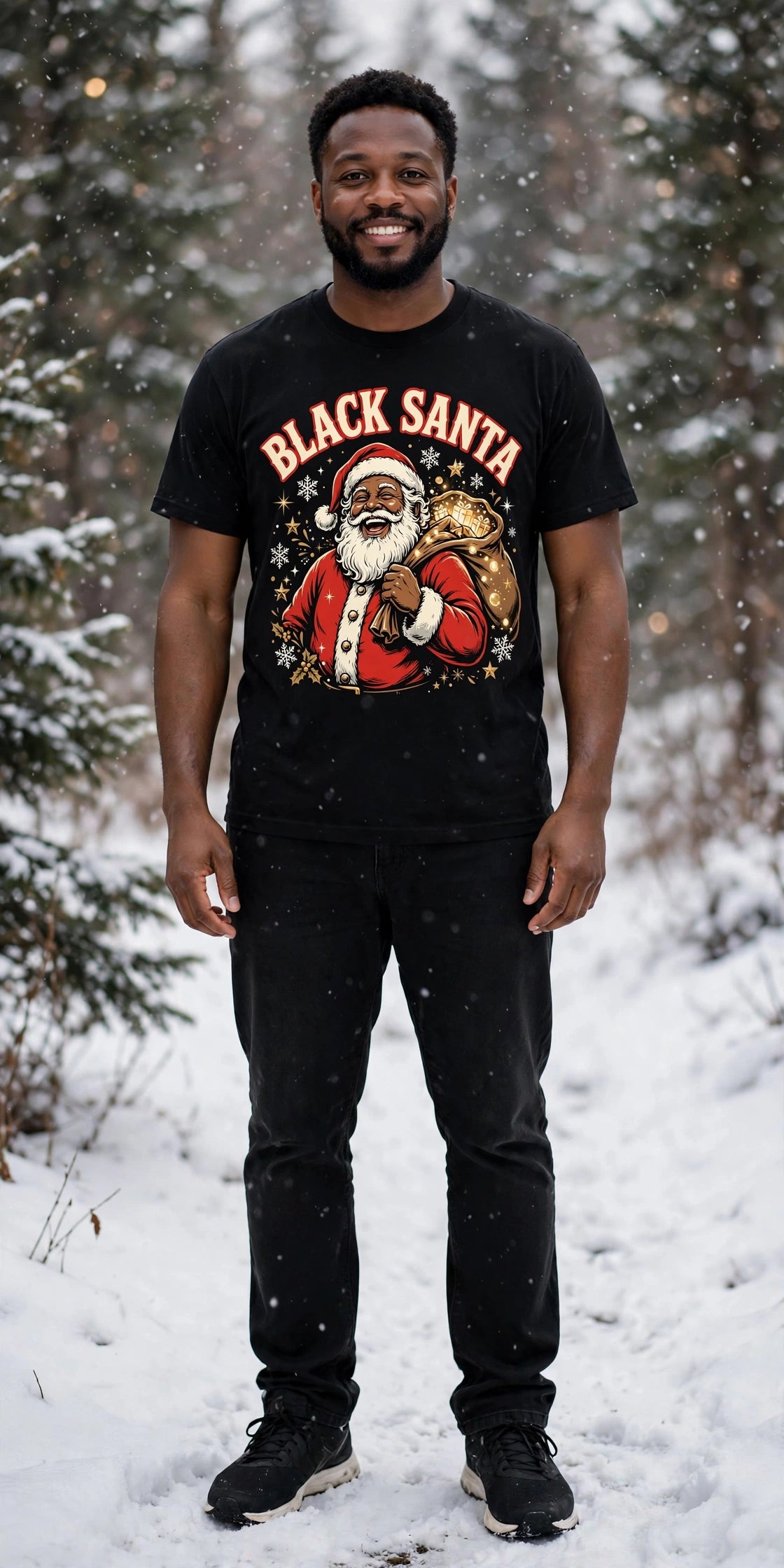 Black Santa – Christmas Tee on model